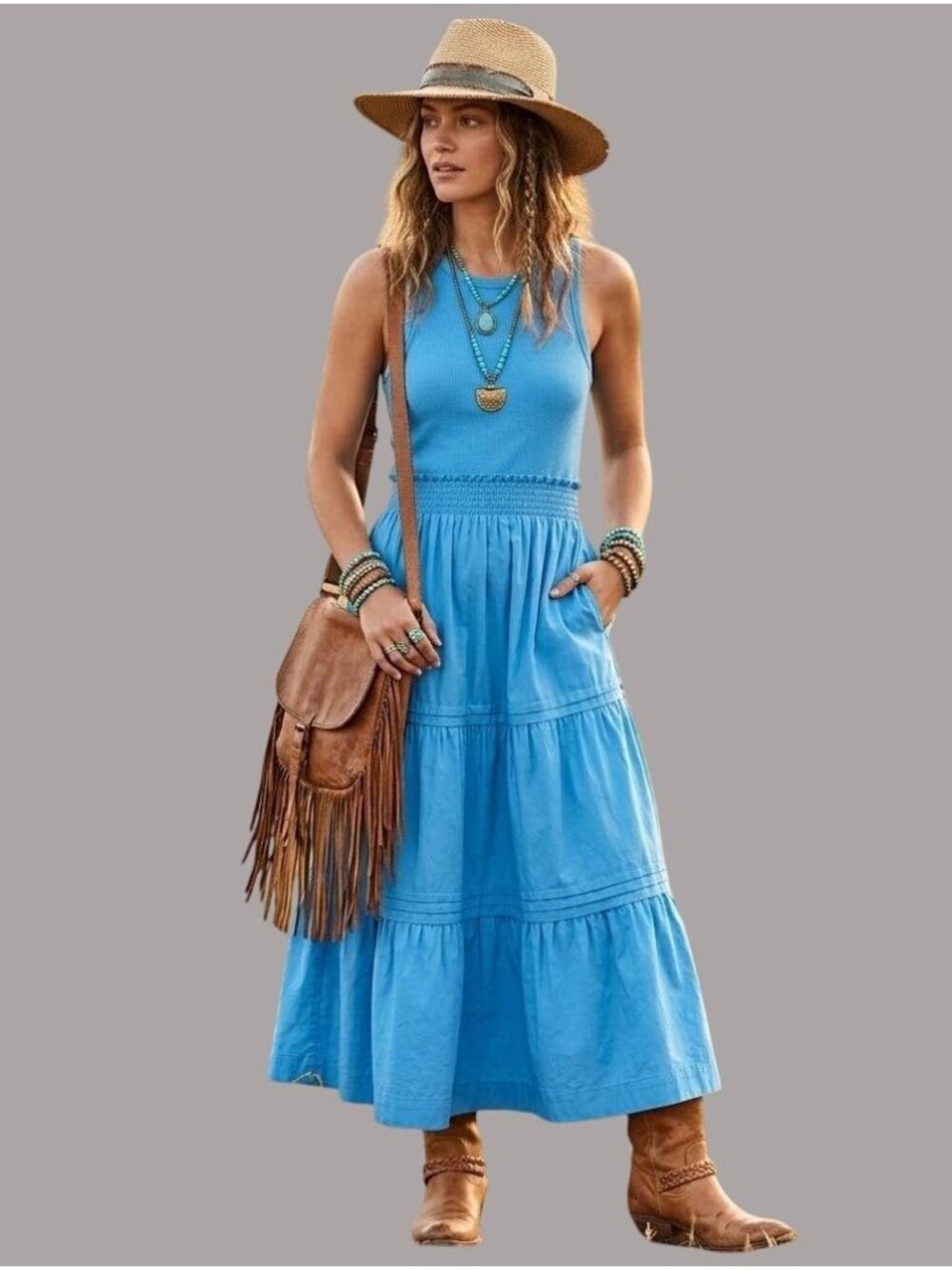 J.Crew Tiered Maxi Tank Dress Blue Ribbed Knit Cotton Size L